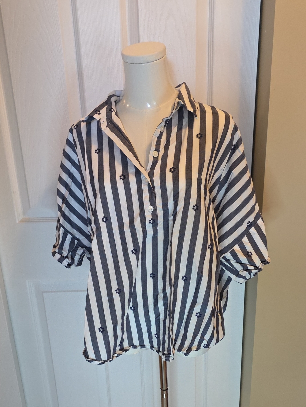 LOFT Navy and White Striped Button-Down Shirt